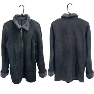 VTG Fantazia Washed Black Gray Genuine Shearling Lambskin Suede Coat Size Small